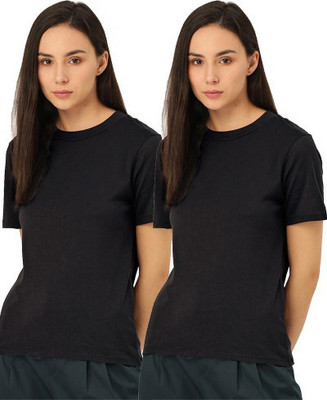 Organic Chics Solid Women Round Neck Black T-Shirt
