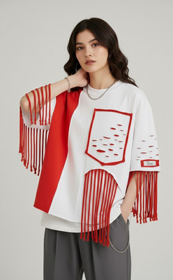 young style Solid Women Round Neck White, Red T-Shirt