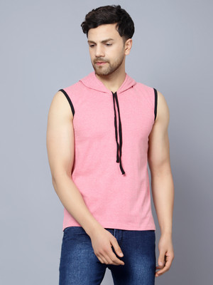 DIAZ Solid Men Hooded Neck Pink T-Shirt