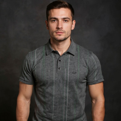 VITON Striped Men Polo Neck Grey T-Shirt