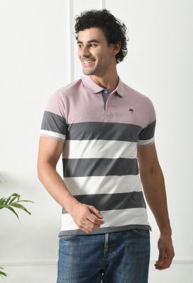 Arbour Striped Men Polo Neck Grey, Pink, White T-Shirt