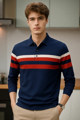 FASHIUM Printed Men Polo Neck Navy Blue T-Shirt