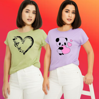 Parona Printed Women Round Neck Green, Purple T-Shirt