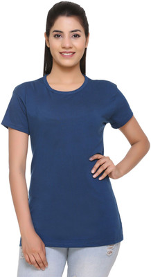 SHAUN Solid Women Round Neck Dark Blue T-Shirt