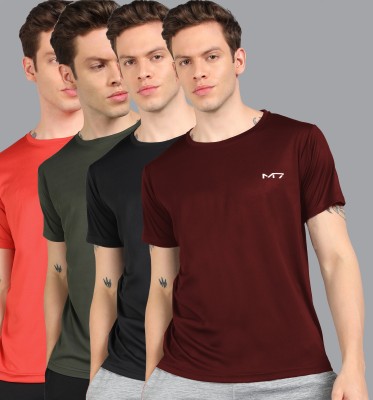 M7 By Metronaut Solid Men Round Neck Maroon, Red, Green, Black T-Shirt