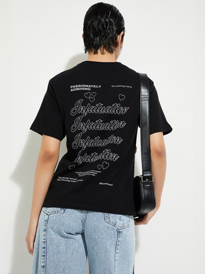 MAX Printed Women Round Neck Black T-Shirt