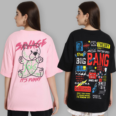 METRONAUT Printed Women Round Neck Black, Pink T-Shirt
