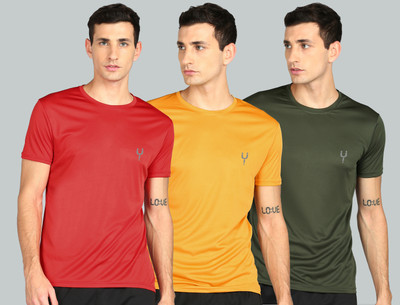 Fricker Solid Men Round Neck Red, Yellow, Dark Green T-Shirt
