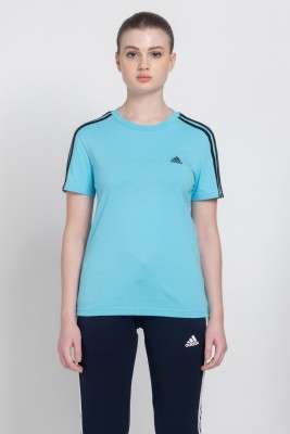 ADIDAS Striped Women Crew Neck Blue T-Shirt