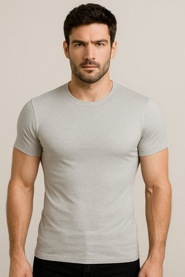 Urboholic Solid Men Round Neck Grey T-Shirt