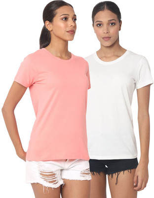 Figurefab Self Design Women Round Neck Pink, White T-Shirt