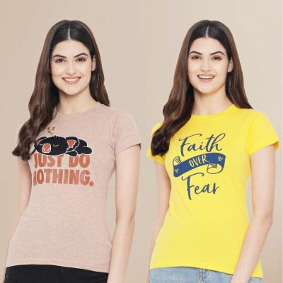 Tromko Printed Women Round Neck Yellow, Pink T-Shirt