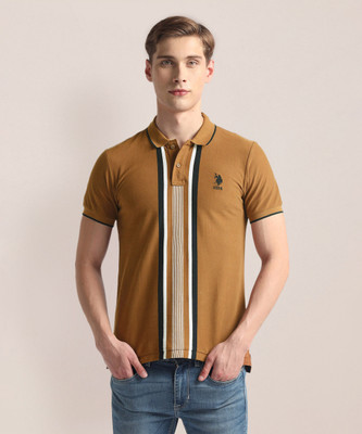 U.S. POLO ASSN. Striped Men Polo Neck Brown T-Shirt