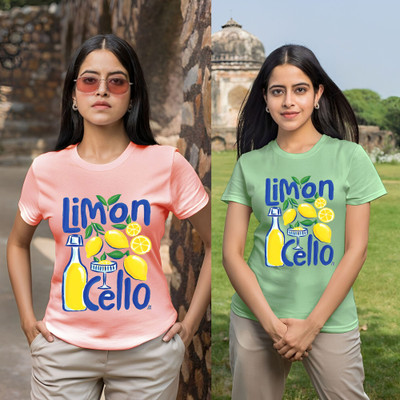 Kasendra Printed Women Round Neck Pink, Green T-Shirt