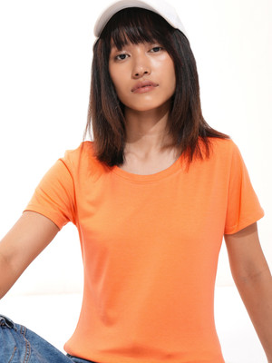 Tokyo Talkies Solid Women Round Neck Orange T-Shirt