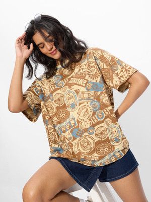 The Souled Store Graphic Print Women Round Neck Brown T-Shirt