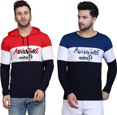 SLOWLORIS Printed Men Hooded Neck Red, Dark Blue T-Shirt