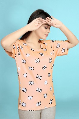 Exitro Printed Women Round Neck Orange T-Shirt