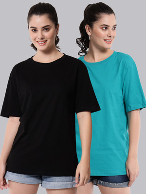 FUNDAY FASHION Solid Women Round Neck Blue, Black T-Shirt