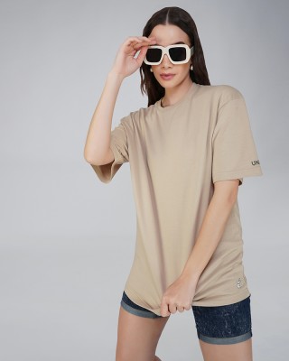 UNITRI Solid Women Round Neck Beige T-Shirt