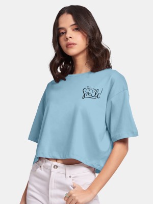 KKCREATION Printed Women Round Neck Light Blue T-Shirt