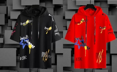 SM SHAYAM CREATION Printed, Typography Men Hooded Neck Black, Red T-Shirt