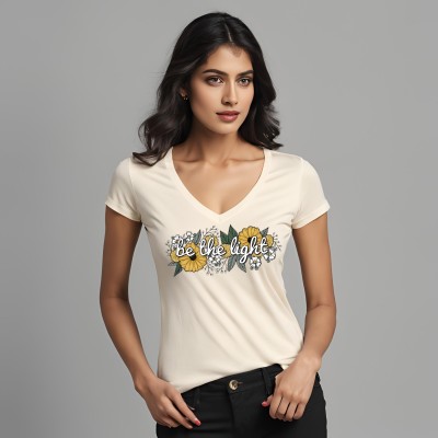 SOULTEES Graphic Print Women V Neck White T-Shirt