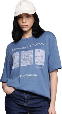Patche Printed Women Round Neck Blue T-Shirt