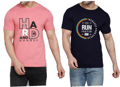 WOOSTRO Printed Men Round Neck Pink, Dark Blue T-Shirt