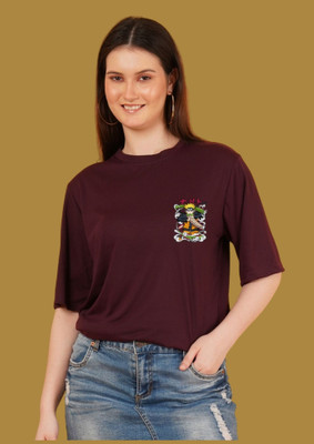 Kasendra Printed Women Round Neck Maroon T-Shirt