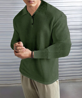 LEWEL Striped Men Polo Neck Green T-Shirt