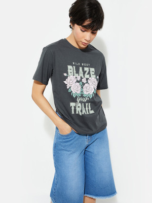 MAX Printed Women Round Neck Grey T-Shirt