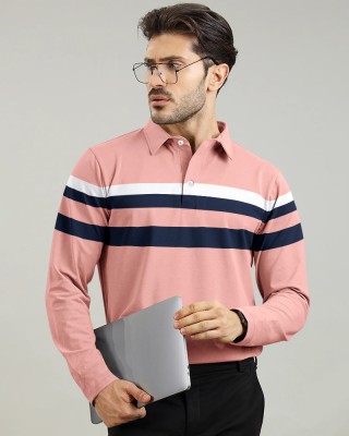 Outlander Striped Men Polo Neck Pink T-Shirt