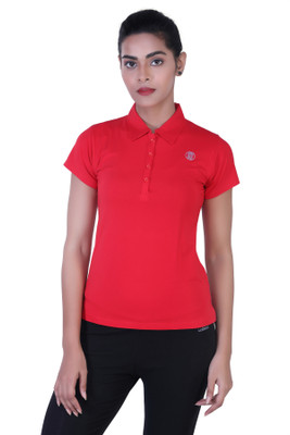 Laasa Sports Solid Women Polo Neck Red T-Shirt