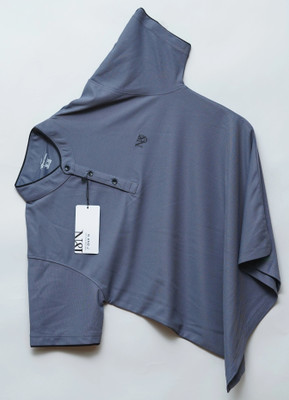 N AND J Solid Men Henley Neck Grey T-Shirt