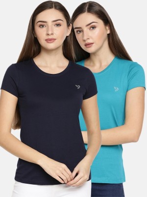 TWIN BIRDS Solid Women Round Neck Dark Blue, Blue T-Shirt