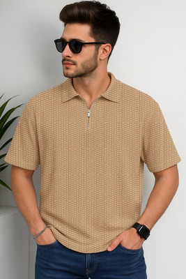 Jump Cuts Self Design Men Zip Neck Beige T-Shirt