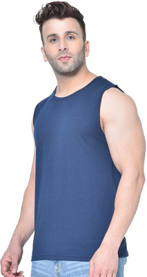 CHKOKKO Solid Men Round Neck Blue T-Shirt