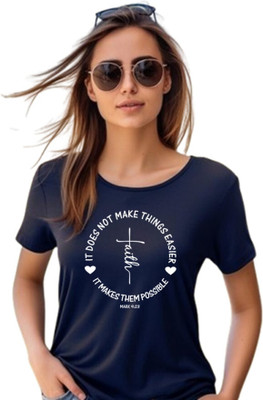 Witty Curls Graphic Print Women Round Neck Navy Blue T-Shirt