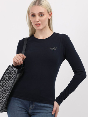 TOMMY HILFIGER Solid Women Round Neck Blue T-Shirt
