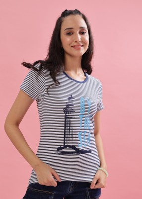 Dollar Striped, Typography Women Round Neck Blue, White T-Shirt