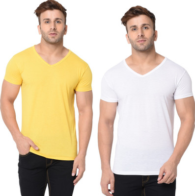 Tresna Fab Solid Men V Neck White, Yellow T-Shirt