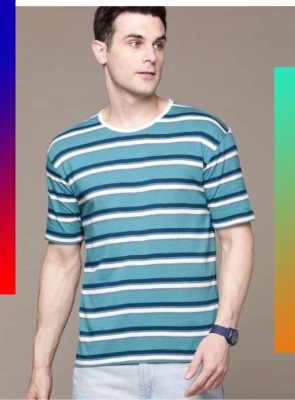 Clasti Striped Men Round Neck Blue T-Shirt