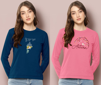 BelleBird Embroidered Women Round Neck Blue, Pink T-Shirt