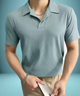 Christy World Solid Men Polo Neck Grey T-Shirt