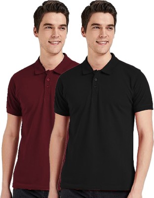 MarutiCollection Solid Men Polo Neck Black, Maroon T-Shirt