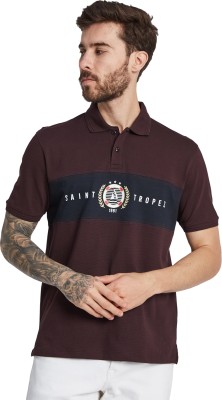 Octave Printed Men Polo Neck Brown T-Shirt