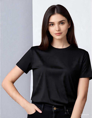 Pwexz Solid Women Round Neck Black T-Shirt