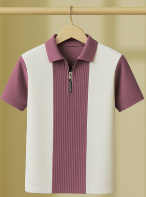 Try This Colorblock Men Zip Neck White, Purple T-Shirt