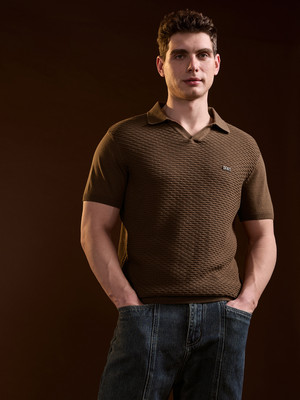 THE BEAR HOUSE Self Design Men Polo Neck Brown T-Shirt